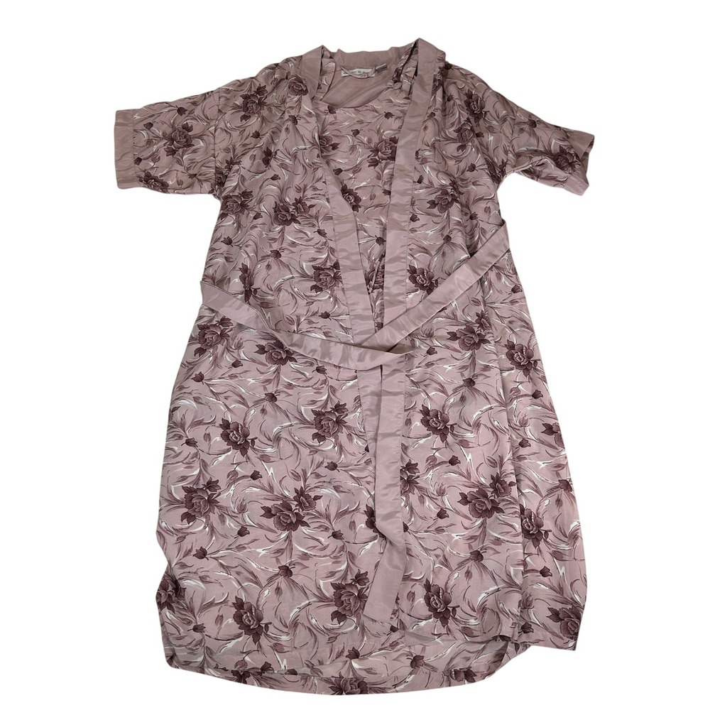 Contessa Di Roma Vintage Floral Satin Robe Dusty Rose Pink Short Sleeve Medium